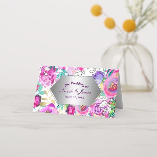 Purple Pink Bright Modern Floral Table Seat Place Card (Front)