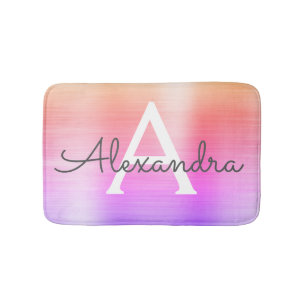Purple Pink Brushed Metal Monogram Name Bath Mat