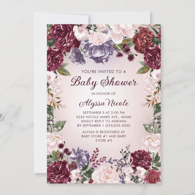 Purple Pink Burgundy Floral Baby Shower Invitation (Front)