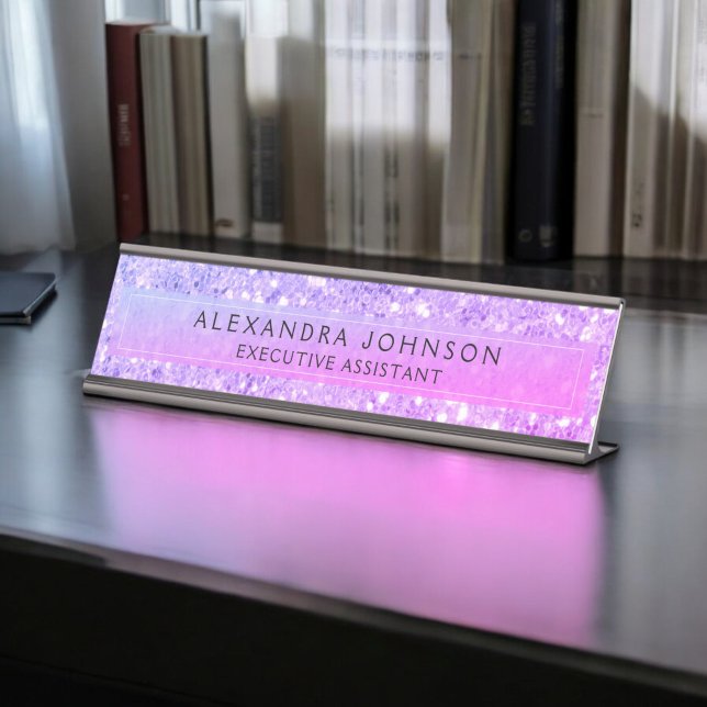 Purple Pink Business Glitter Sparkle Modern Chic Desk Name Plate (Creator Uploaded)