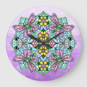 Purple, Pink Butterflies and Flowers Mandala Large Clock