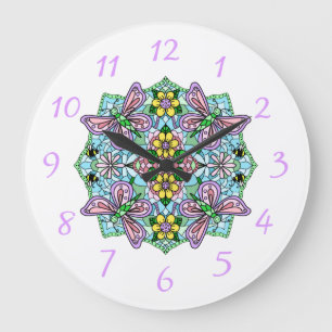 Purple, Pink Butterflies and Flowers Mandala Large Clock