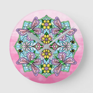 Purple, Pink Butterflies and Flowers Mandala Round Clock