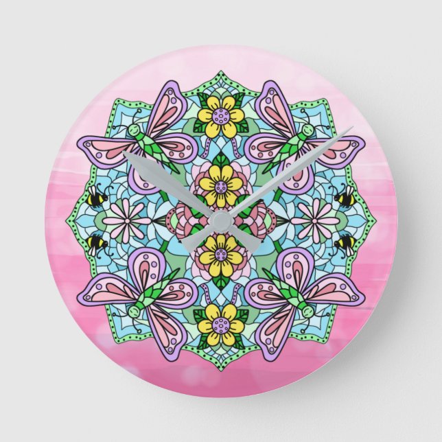 Purple, Pink Butterflies and Flowers Mandala    Round Clock (Front)