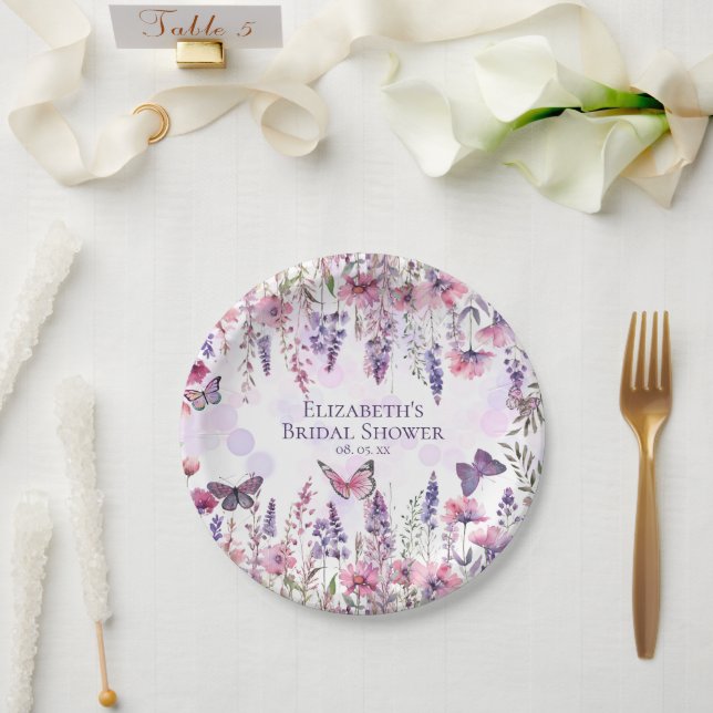 Purple Pink Butterflies and Wildflowers Floral Paper Plate (Wedding)
