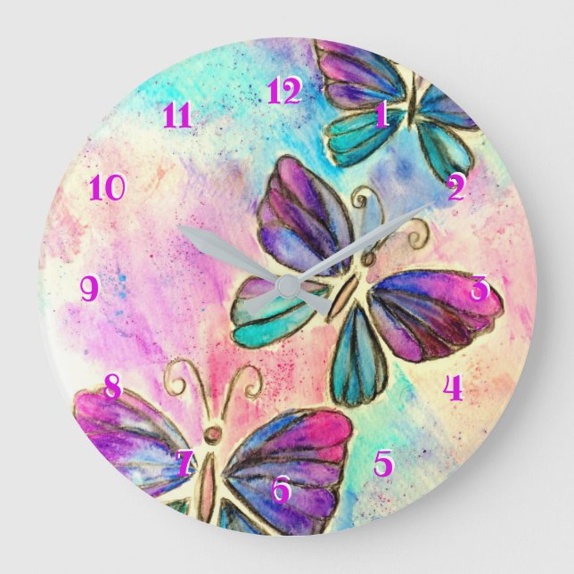 Purple Pink Butterflies Clock - Watercolor (Front)