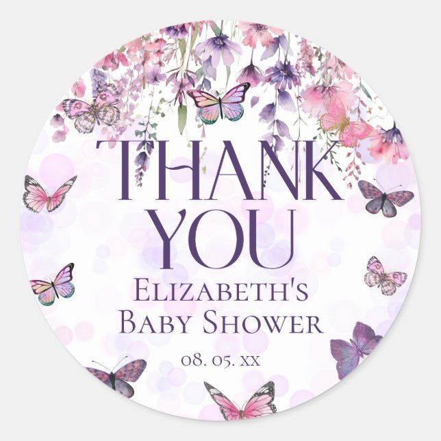 Purple Pink Butterflies & Wildflowers Baby Shower Classic Round Sticker (Front)