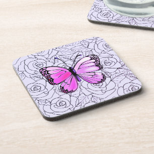 Purple Pink Butterfly And Roses - Choose Color Coaster