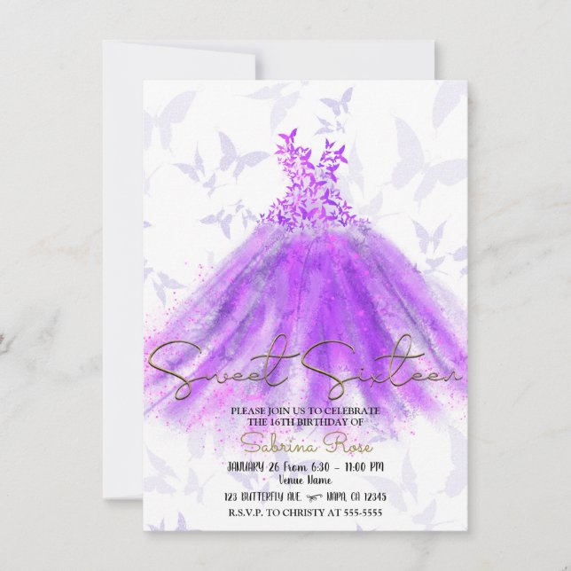 Purple & Pink Butterfly Dance Dress Sweet 16 Party Invitation (Front)
