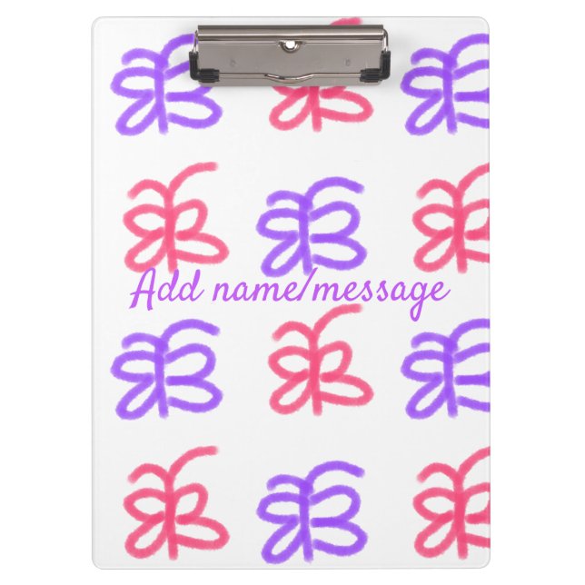 Purple pink butterfly doodle pattern add name text clipboard (Front)