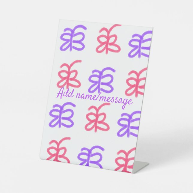 Purple pink butterfly doodle pattern add name text pedestal sign (Front)
