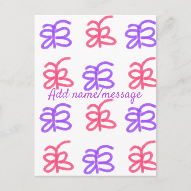 Purple pink butterfly doodle pattern add name text postcard (Front)