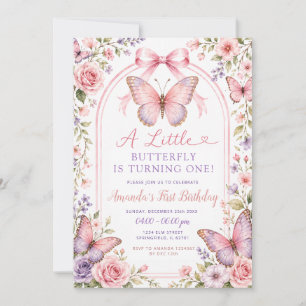 Purple Pink Butterfly First Birthday Invitation