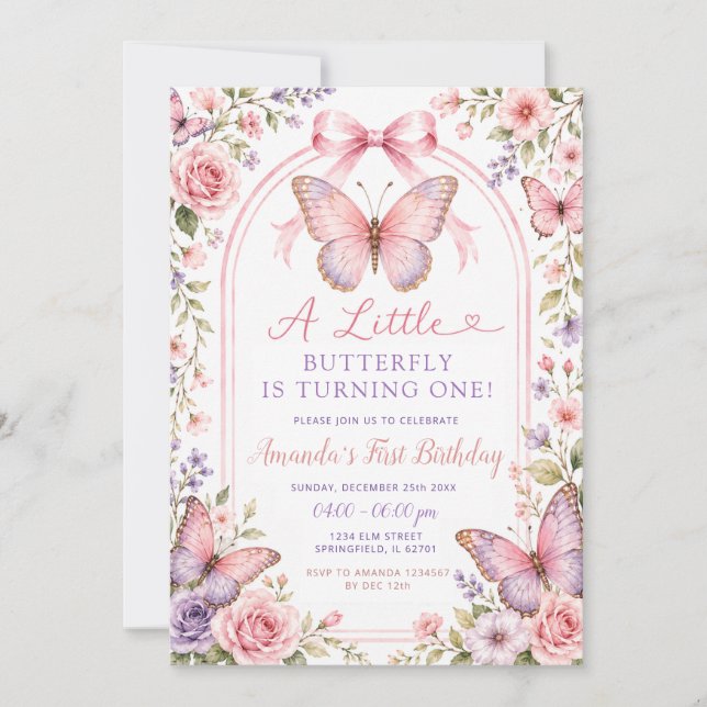 Purple Pink Butterfly First Birthday Invitation (Front)