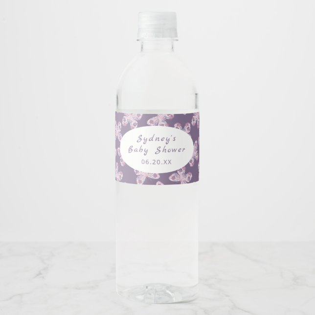 Purple Pink Butterfly Pattern Personalised Water Bottle Label (Front)
