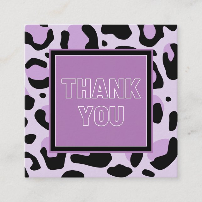 Purple Pink Cheetah Leopard Print Spots Thank You Square Business Card (Front)