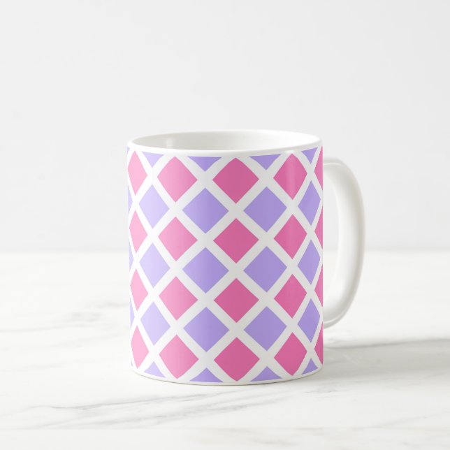 Purple Pink Chequered Diamond Pattern Coffee Mug (Front Right)