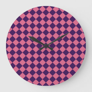 Purple Pink Chequered Diamond Pattern Large Clock