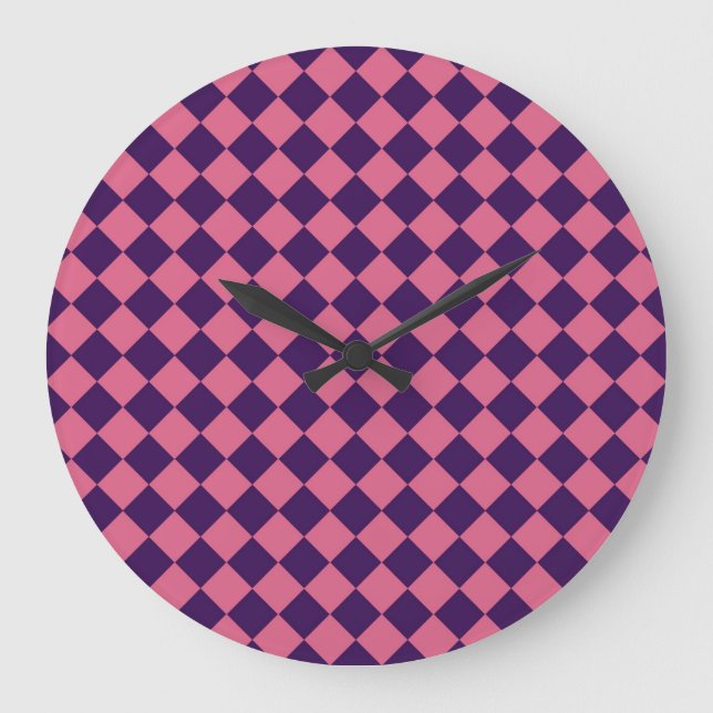 Purple Pink Chequered Diamond Pattern Large Clock (Front)