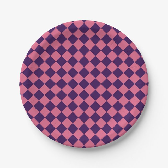 Purple Pink Chequered Diamond Pattern Paper Plate (Front)