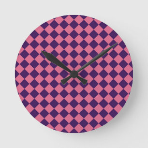 Purple Pink Chequered Diamond Pattern Round Clock