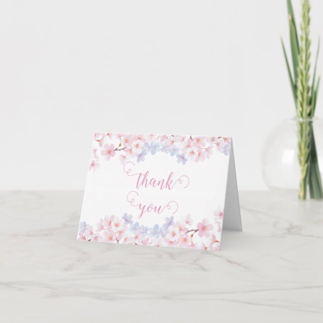 Purple & Pink Cherry Blossom Garden Bridal Shower Thank You Card (Front)