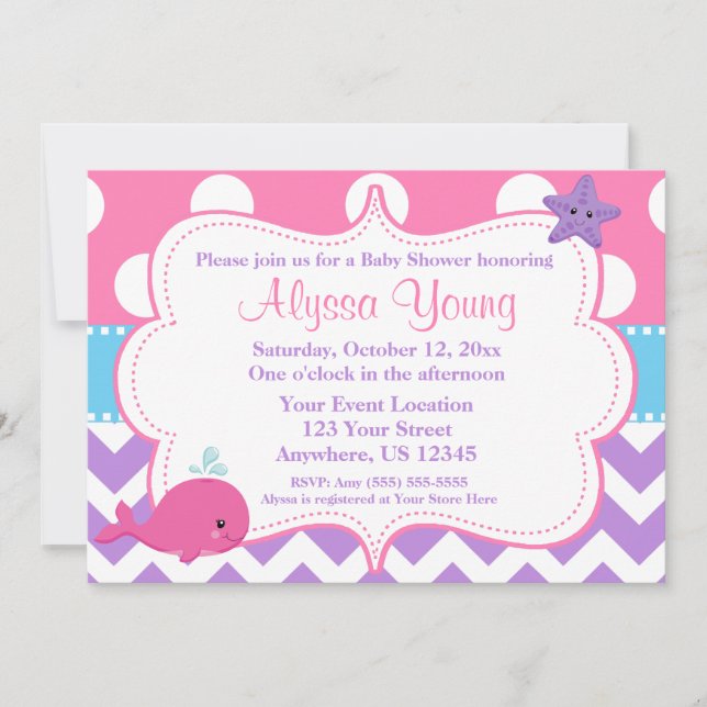 Purple Pink Chevron Whale Invitation (Front)
