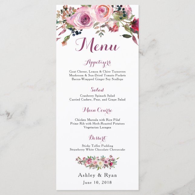 Purple Pink Chic Rose Floral Wedding Menu (Front)