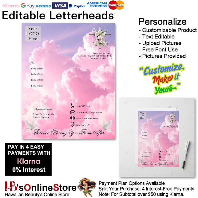 Purple Pink Clouds Dove Cross Funeral Memorial  Custom Letterhead (Purple Pink Clouds Dove Cross Funeral Memorial Letterhead.)