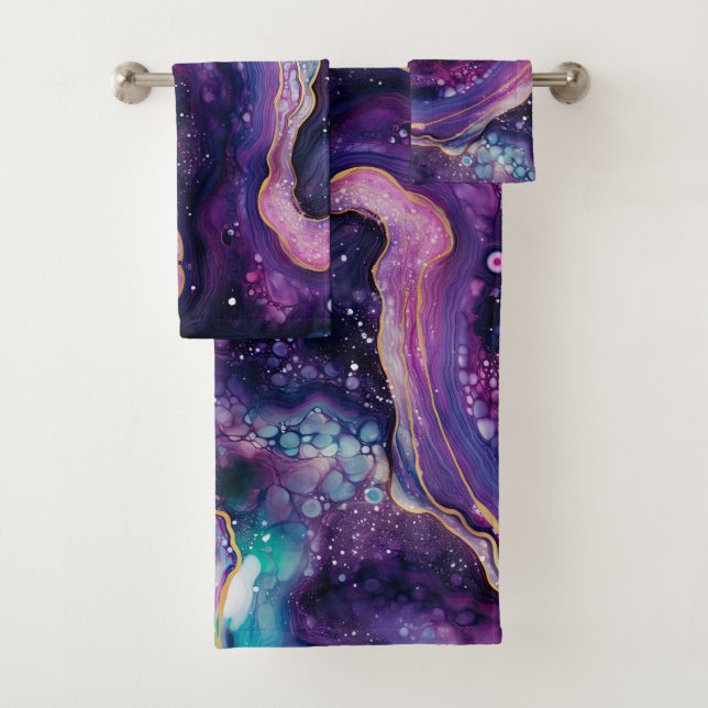 Purple Pink Cosmic Abstract with Gold Celestial Bath Towel Set (Insitu)