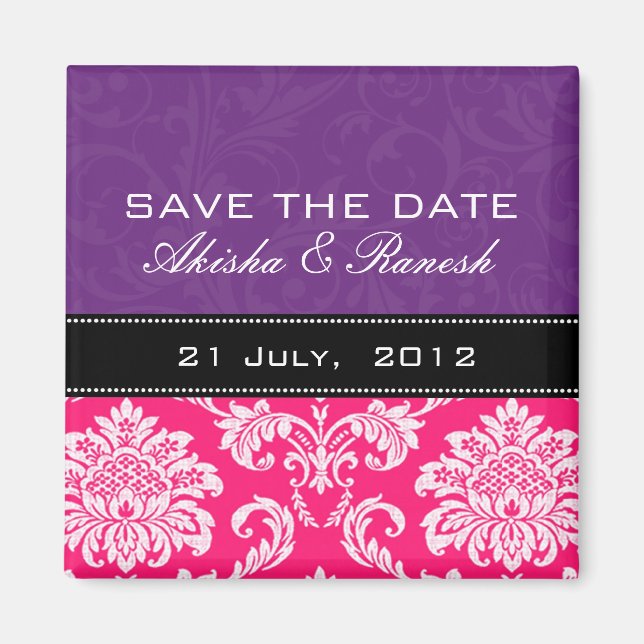 Purple Pink Damask Save the Date Magnet (Front)