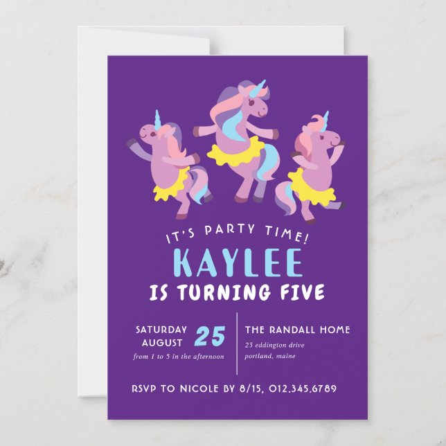 Purple Pink Dancing Unicorn Kids Birtnday Magnetic Invitation (Front)