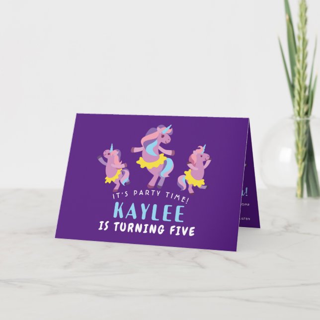Purple Pink Dancing Unicorn Kids Photo Birtnday Invitation (Front)