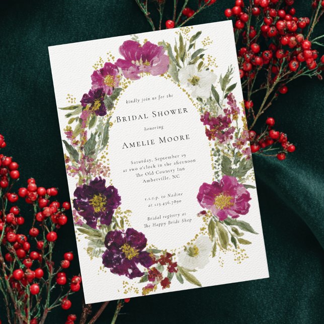 Purple Pink Dark Flower Wreath Bridal Shower Invitation (Creator Uploaded)