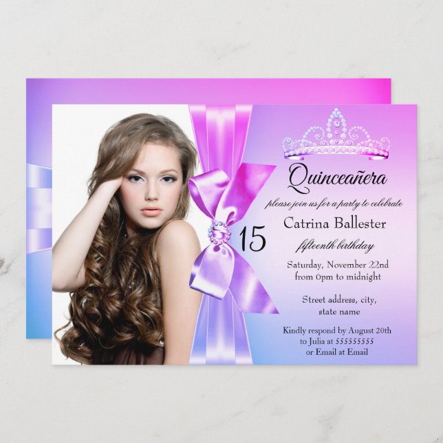 Purple Pink Diamond Bow Tiara Quinceanera Invite (Front/Back)