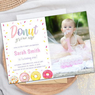 Purple Pink Doughnut Birthday Invitations with pho