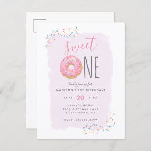 Purple   Pink Doughnut Sprinkle Sweet 1st Birthday Invitation Postcard