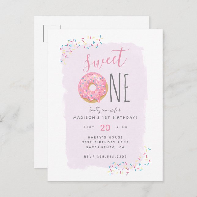 Purple | Pink Doughnut Sprinkle Sweet 1st Birthday Invitation Postcard (Front/Back)