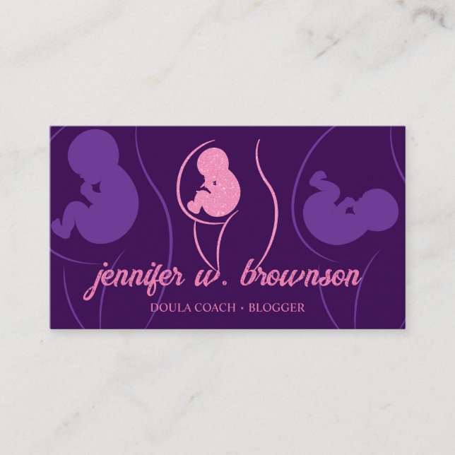 Purple Pink Doula Birth Pregnant Gold Baby Newborn Business Card (Front)