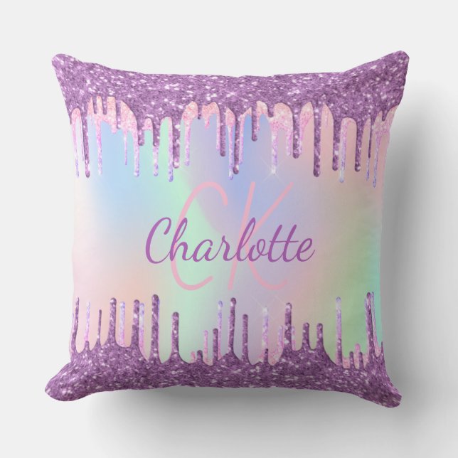 Purple pink drips name monogram script cushion (Front)