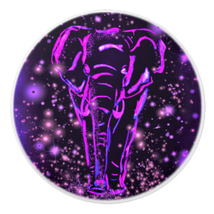 Purple Pink Elephant At Starry Night Ceramic Knob