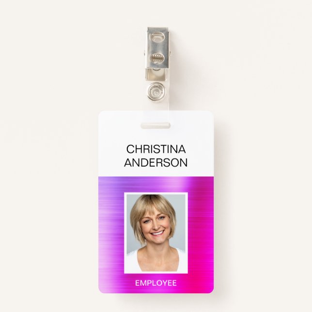 Purple Pink Employee  - Name Photo Corporate ID Badge (Front with Clip)