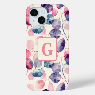 Purple pink Eucalyptus Watercolor Leaves monogram iPhone 15 Case