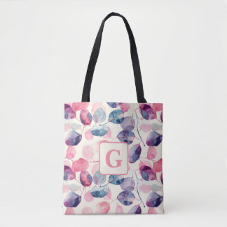 Purple pink Eucalyptus Watercolor Leaves monogram Tote Bag