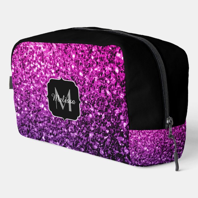 Purple pink faux glitter sparkles black Monogram Dopp Kit (Right Corner)