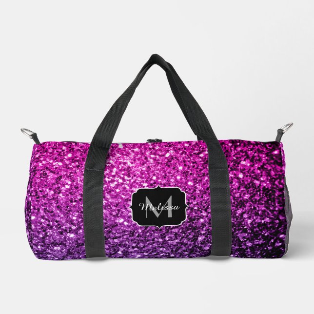Purple pink faux glitter sparkles Monogram Duffle Bag (Front)