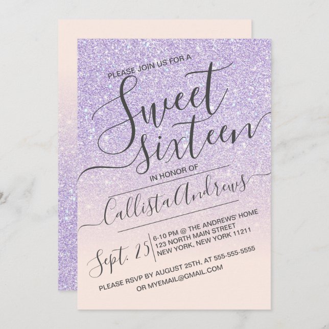 Purple Pink Faux Sparkly Glitter Ombre Sweet 16 Invitation (Front/Back)