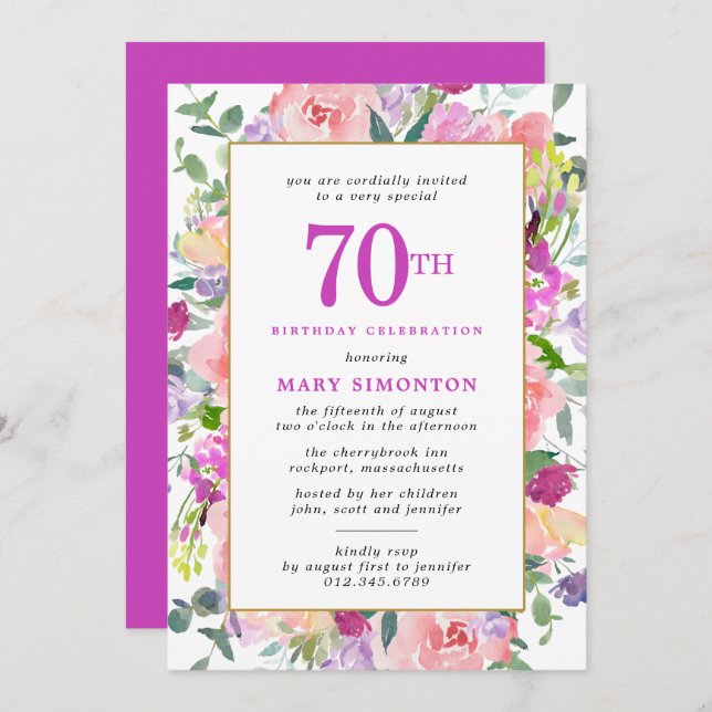 Purple Pink Floral 70th Birthday Invitation (Front/Back)