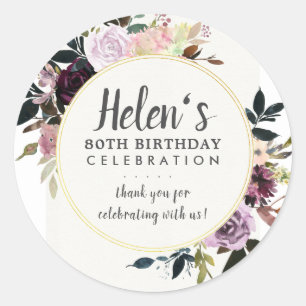Purple Pink Floral 80th Birthday Thank You Classic Round Sticker