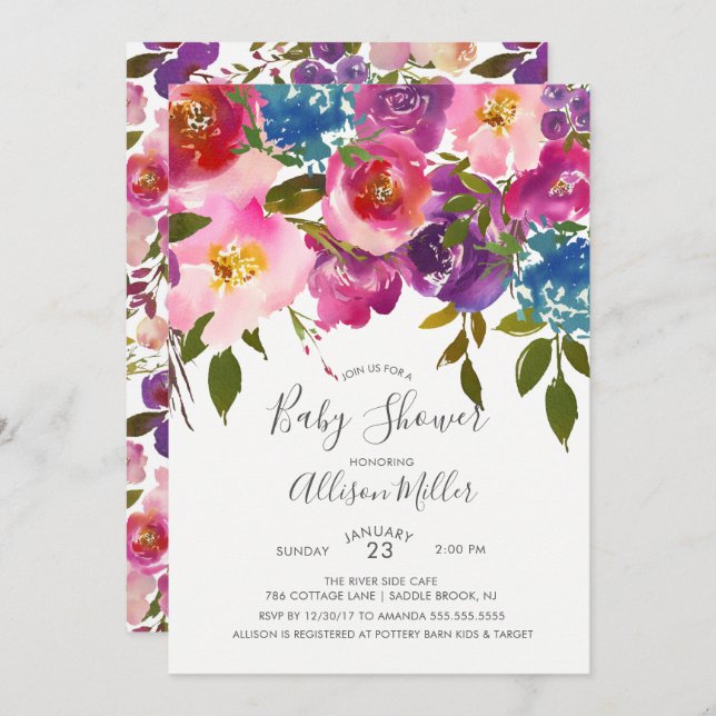 Purple &  Pink Floral Baby Shower Invitation (Front/Back)